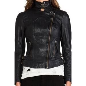 $624 Muubaa Sheepskin Leather Black Buckled Reval Biker Moto Jacket 6 NWT